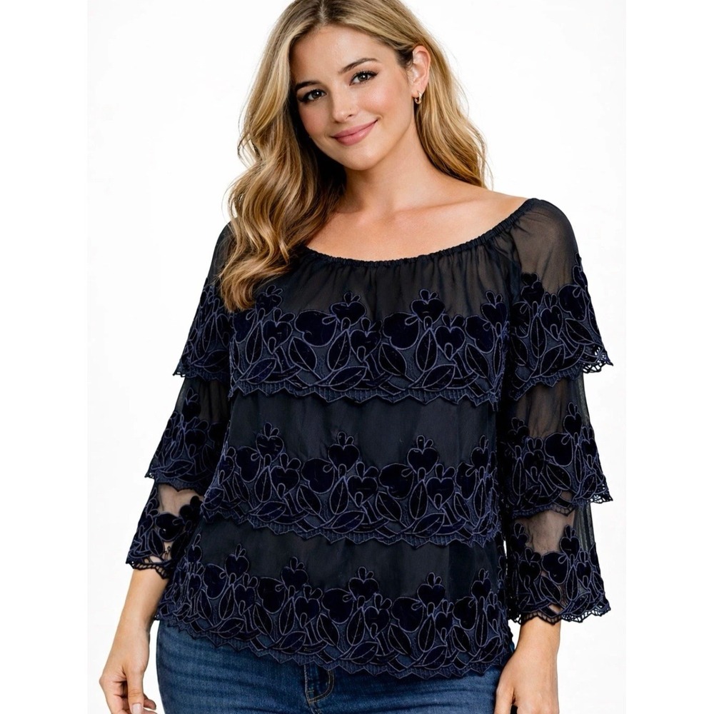 John Mark Velvet Floral Burnout Tiered Mesh Blouse Black Off Shoulder Ruffle Top